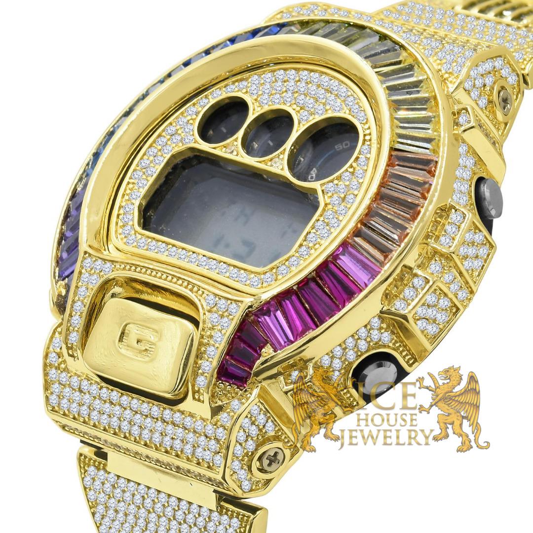 Icy Rainbow Baguettes On Yellow Gold Finish Casio Gshock DW-6900 Watch