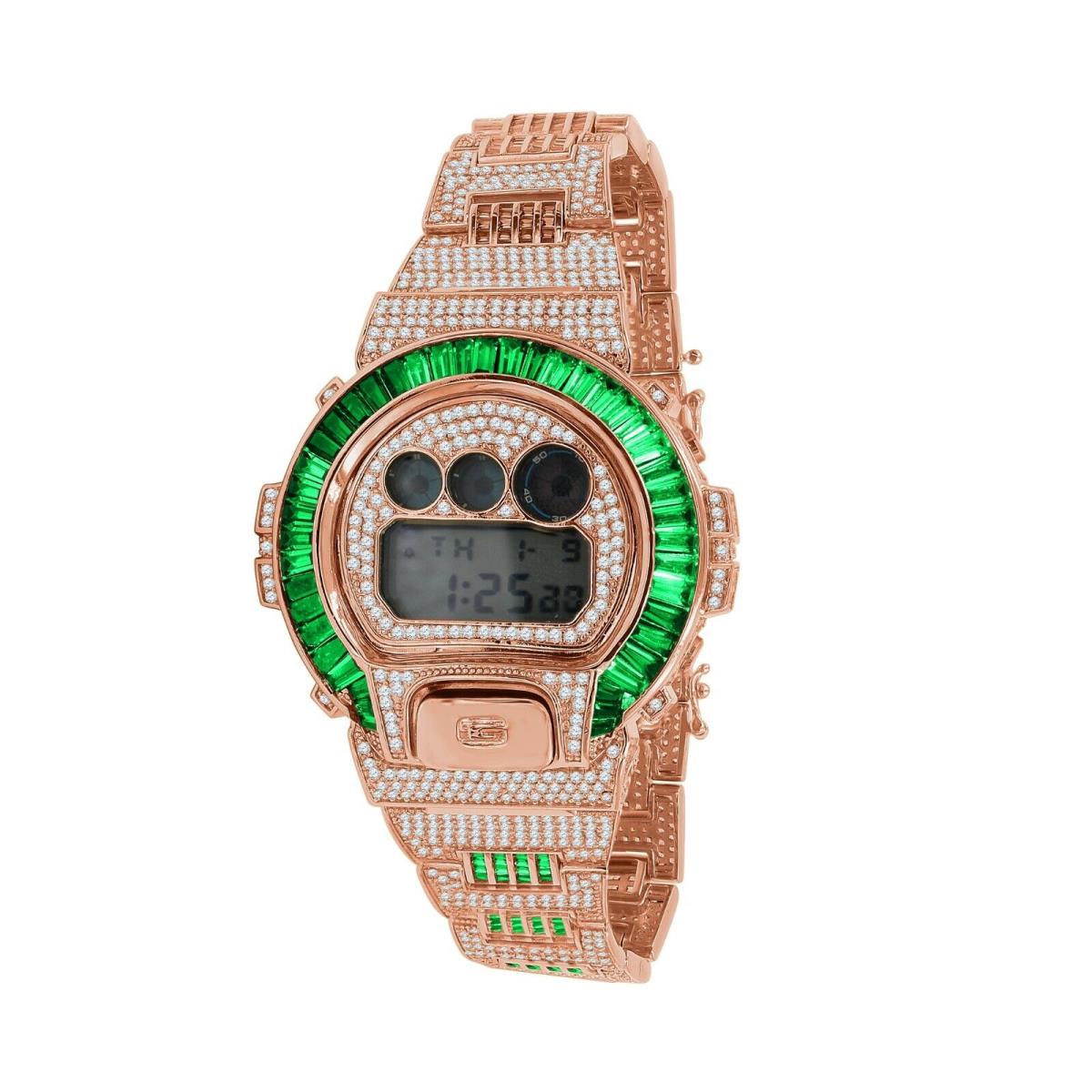 Icy Green Emerald Baguettes On Rose Gold Casio G-shock DW-6900 Watch