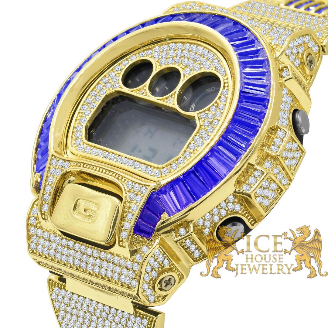 Icy Blue Sapphire Baguettes On Yellow Gold Casio G-shock DW-6900 Watch