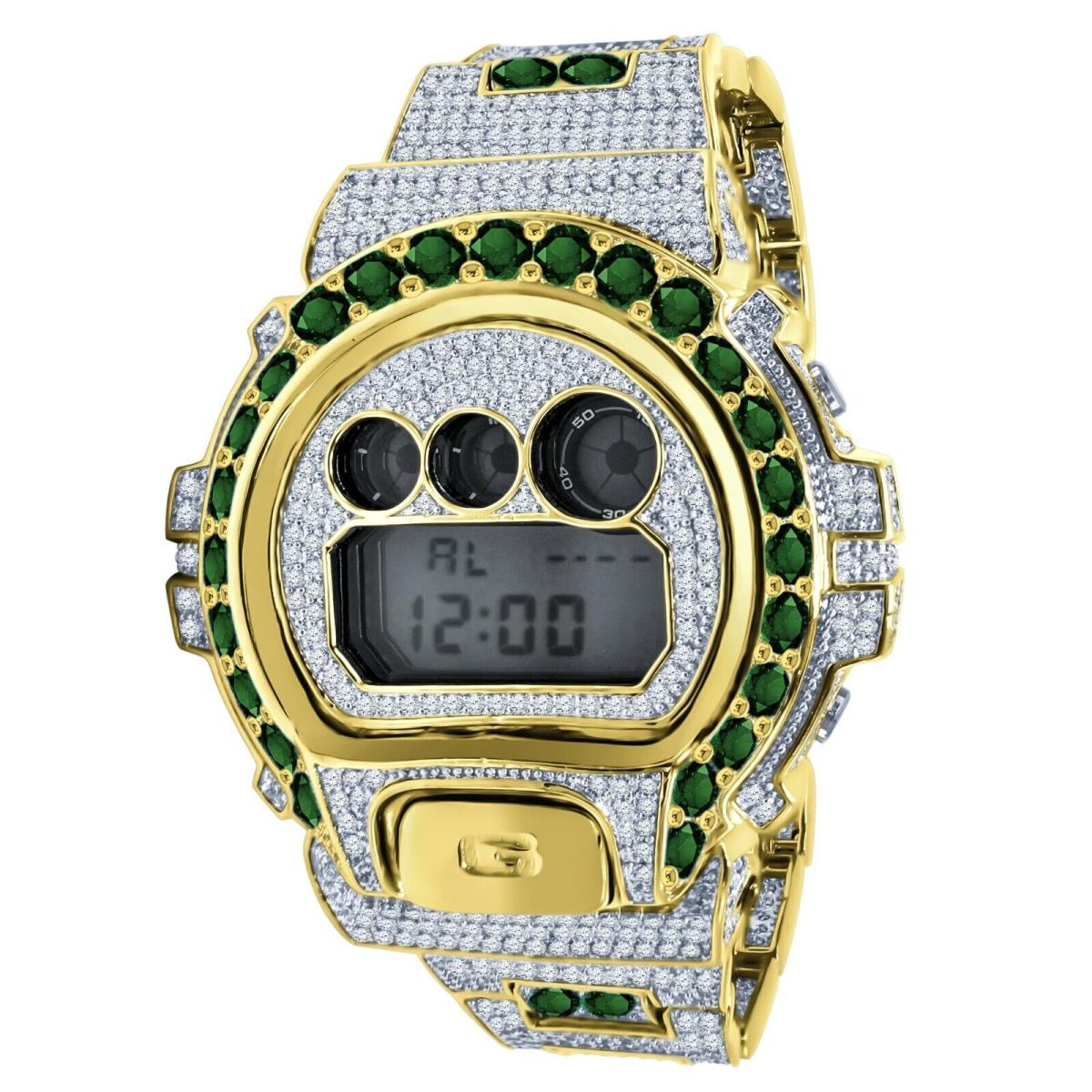 Icy Green Emerald Solitaire On Yellow Gold Finish Casio G-shock DW-6900 Watch