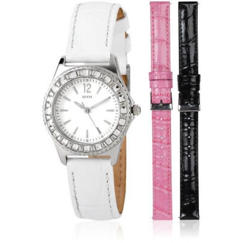 Guess W11180L1 Mini Sparkle Interchangeable Strap Women`s Watch - Great Gift - Dial: White, Band: Black