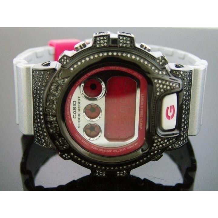 Casio G Shock 2.50 Ct Full Case White Diamonds Pink Face Black Tone Case