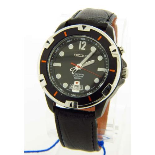 Seiko Men`s Black Leather Band Black Dial Watch