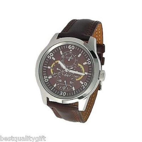 New-guess Brown Leather Multifunction Silver Day Date WATCH-U95071G2