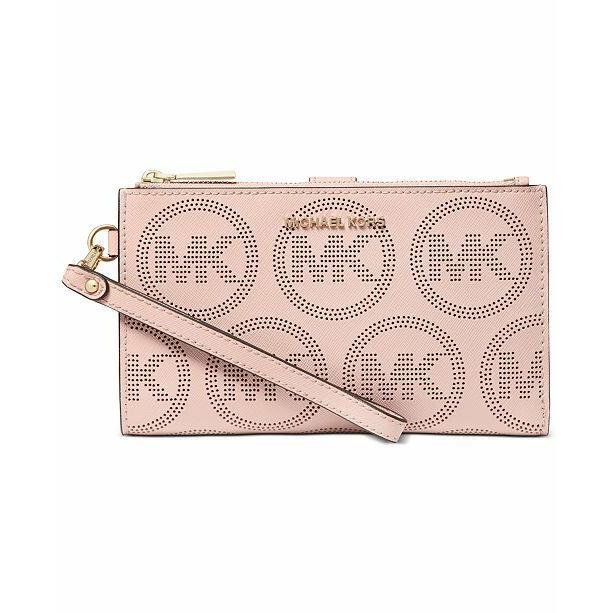 Michael Kors Double Zip Leather Wristlet Clutch Pink Monogram Heart Keycha