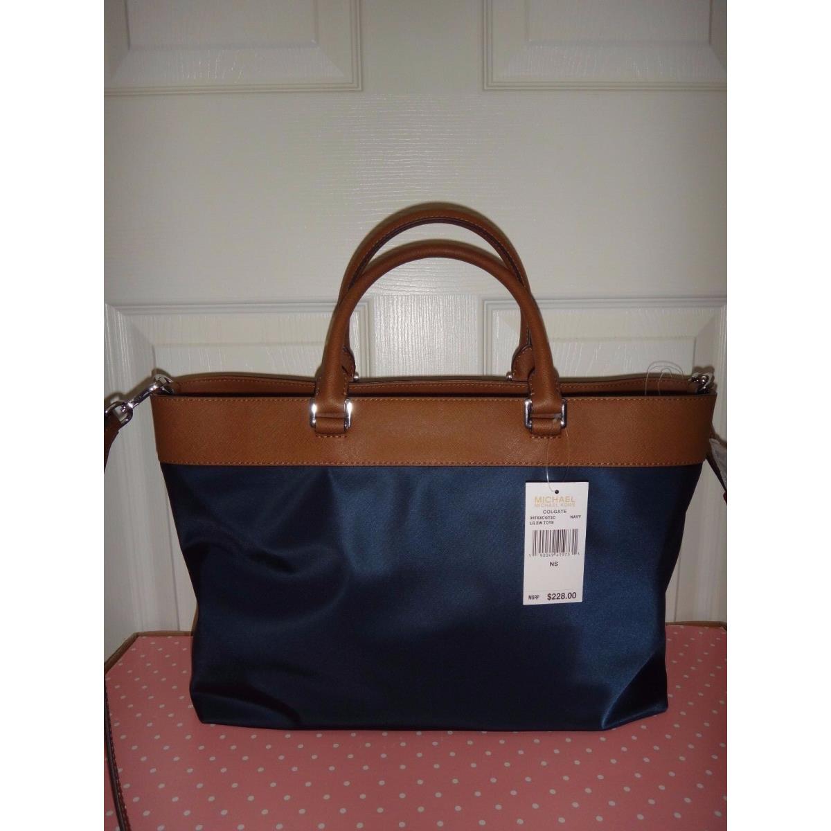 Michael Kors Women`s Colgate MK Tote Bag Navy Blue Nylon Brown Silver  38T6XCGT3C - Michael Kors bag - 190049419731 | Fash Brands