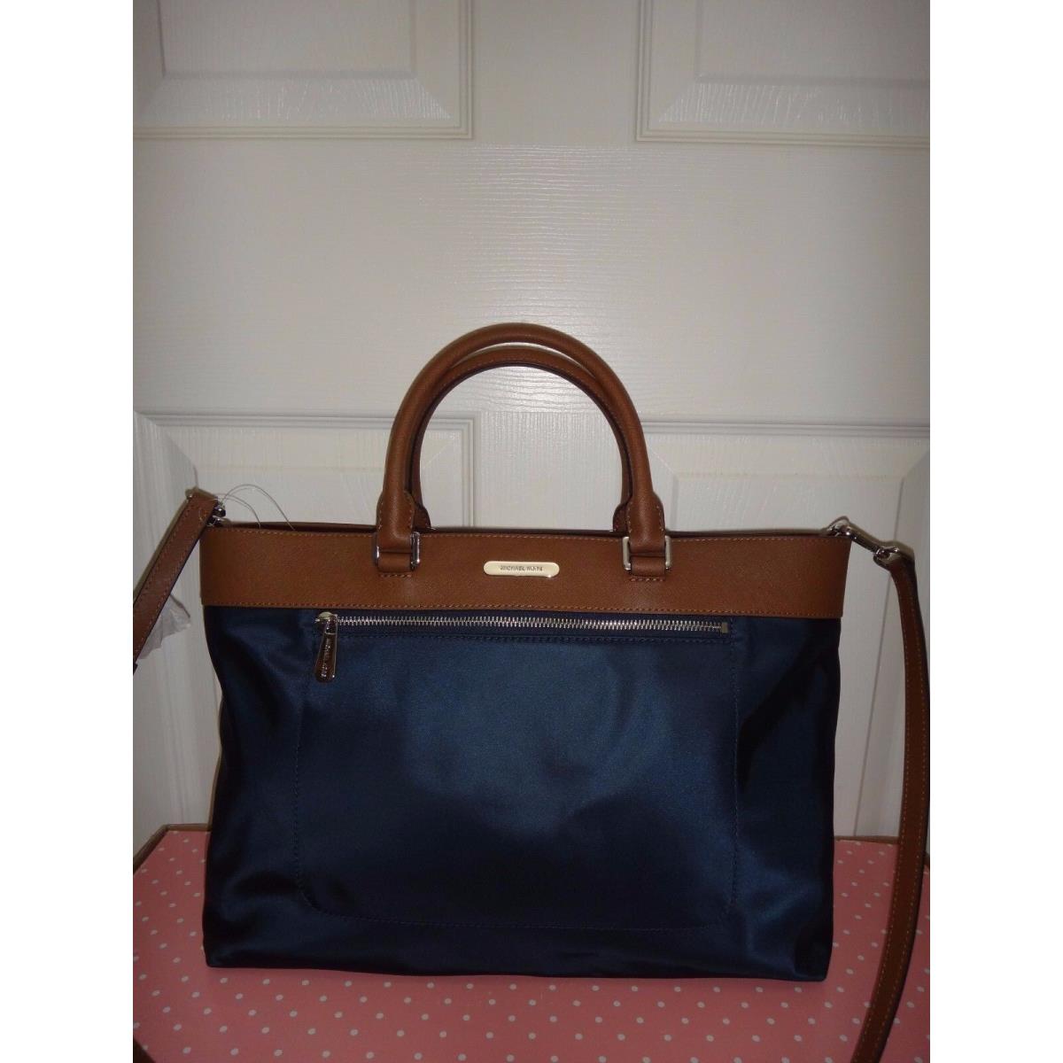 Michael Kors Women`s Colgate MK Tote Bag Navy Blue Nylon Brown Silver  38T6XCGT3C - Michael Kors bag - 190049419731 | Fash Brands