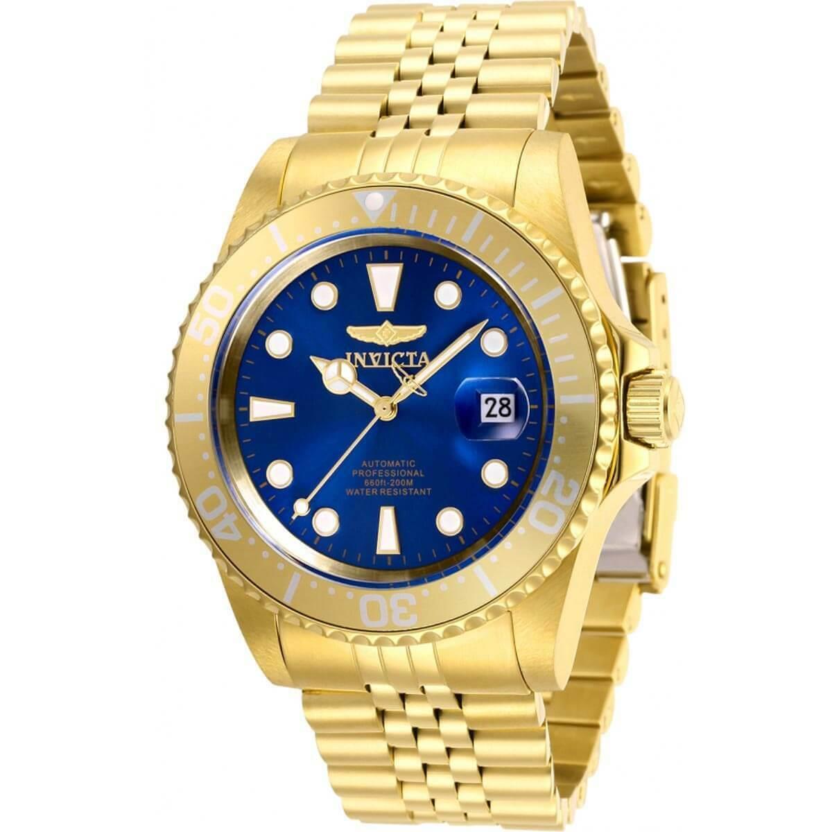 Invicta Men`s Watch Pro Diver Automatic Blue Dial Yellow Gold Bracelet 30097