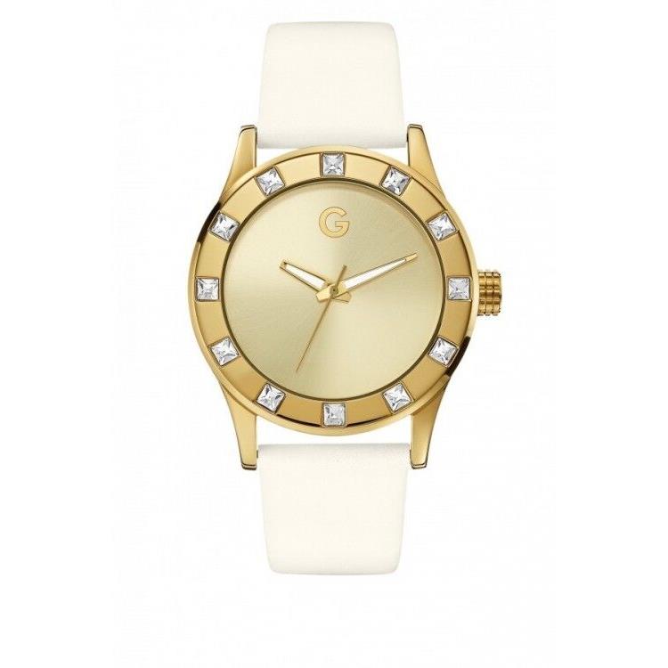 G BY Guess Gold Tone White Leather Band Crystal Detail Watch G89078L1