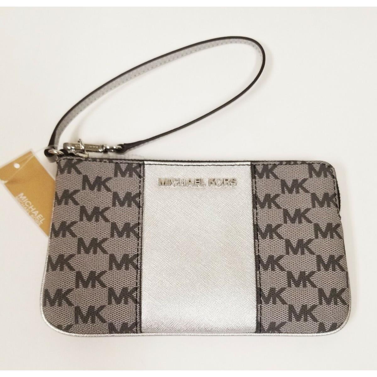 Michael Kors Center Stripe Black Silver Gray Logo Pvc Zip Wallet Wristlet