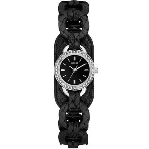 New-guess Silver Tone Black Braided Leather Band Crystal Mini WATCH-W70027L2