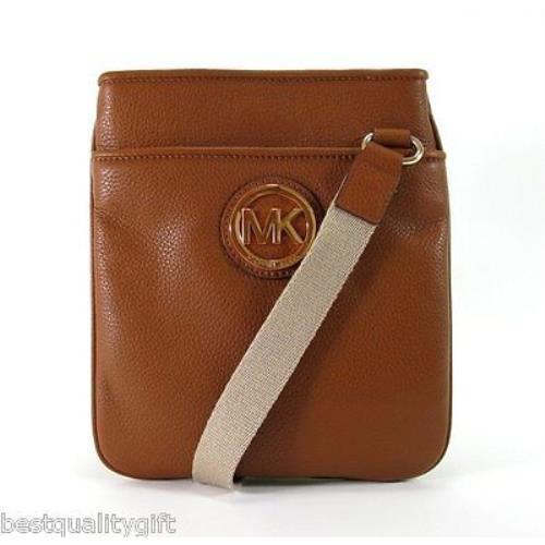 Michael Kors Fulton Luggage Brown Tan Leather+gold Tone Cross Body Hand Bag