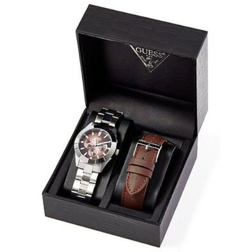 Guess Silver+brown Leather Interchangeable Band 2 PC Set WATCH+CHRONO-G95424G