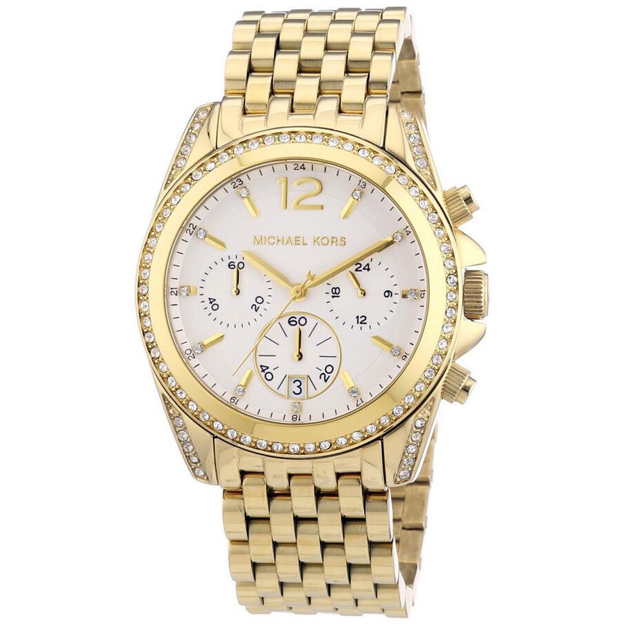 Michael Kors MK5835 Pressley Chronograph Crystal Gold Tone Watch - Dial: White, Band: Gold