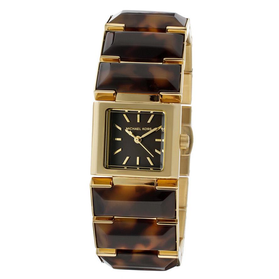 Michael Kors Gold Tone Brown Tortoise Acrylic Resin Bracelet Watch MK4250