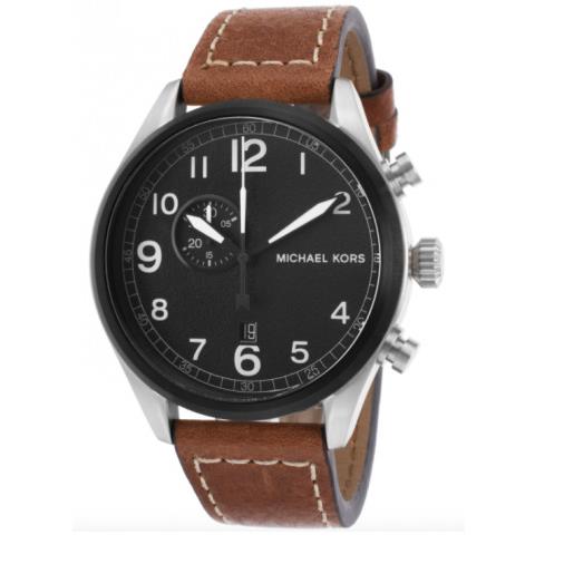 Michael Kors Silver+black Tone Brown Leather White Stitch Band WATCH-MK7068