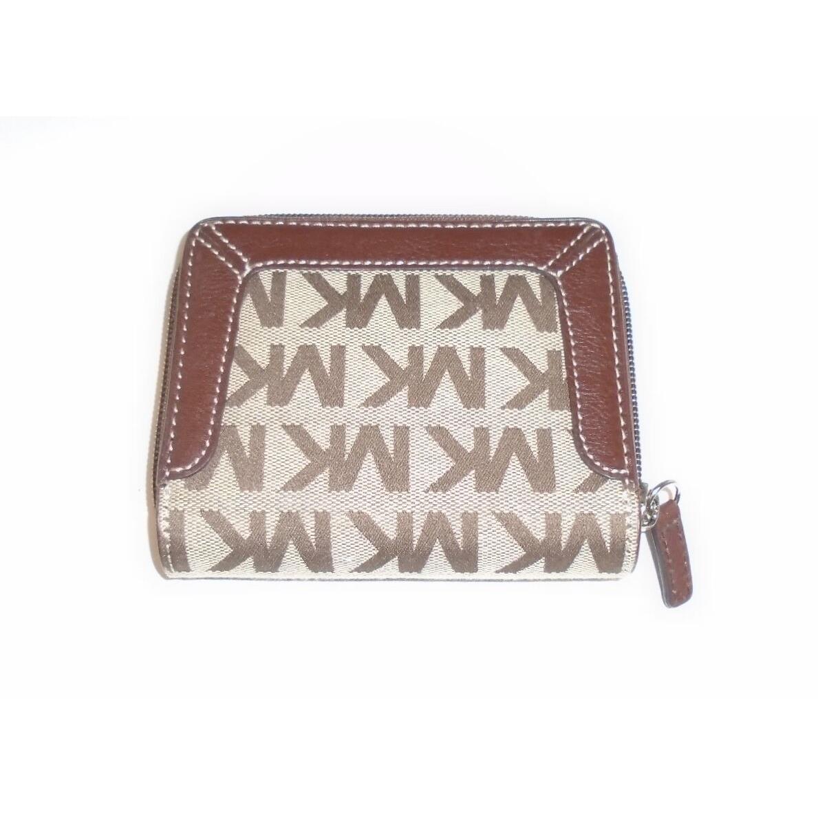 Michael Kors Brookville Beige Ebony Mocha Canvas Jacquard Zip Bifold Wallet