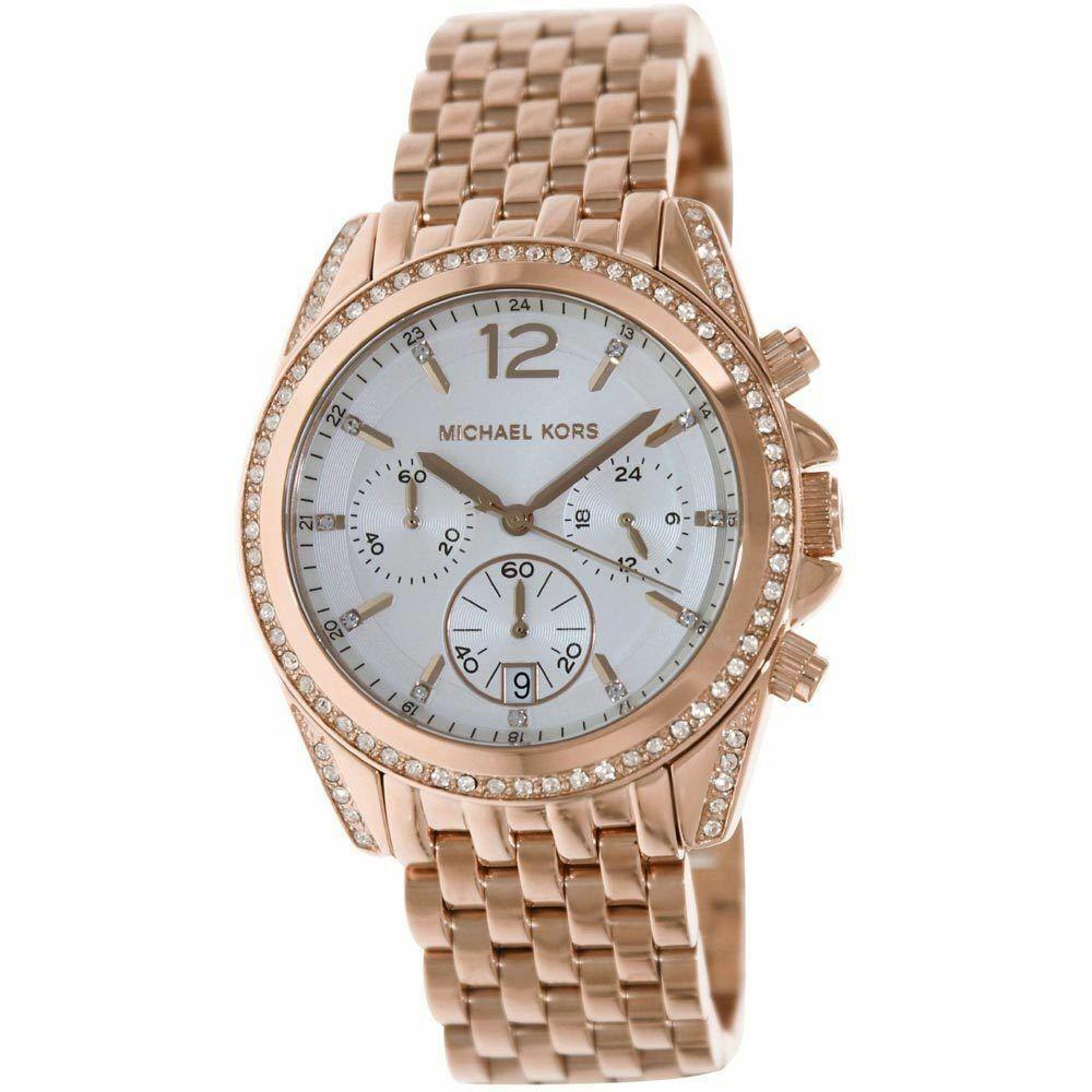 Michael Kors MK5836 Pressley Chronograph Crystal Rose Gold Tone Watch - Dial: White, Band: Rose Gold
