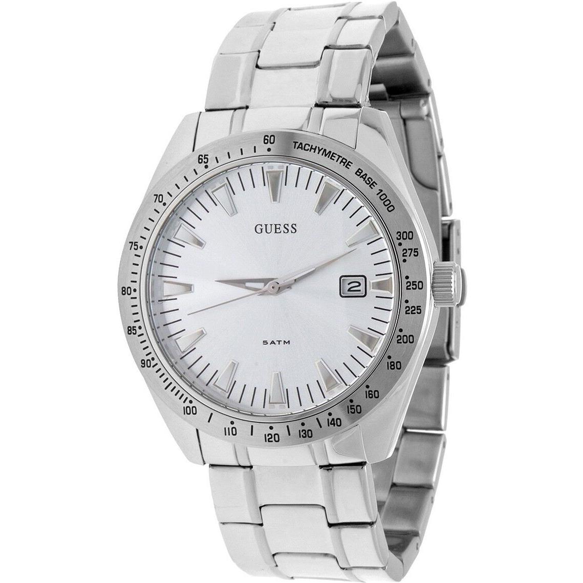 Guess Polished Silver Tone Stainless Steel+tachy Meter+date Watch W90043G2