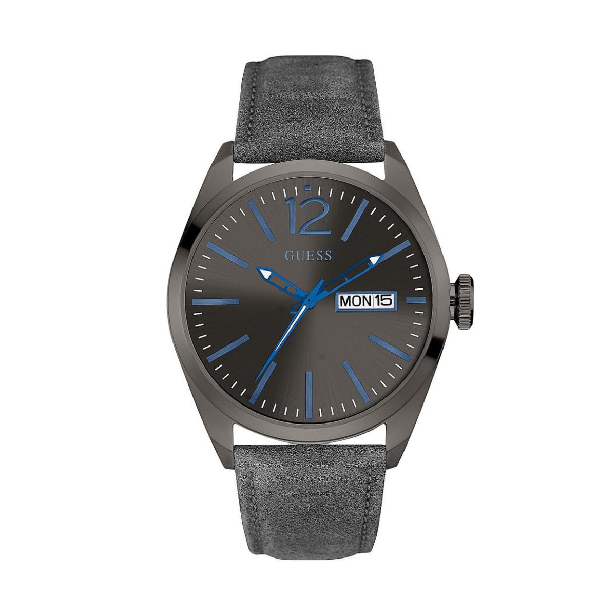 New-guess Vertigo Gray Grey Dial Leather Band Blue Markings Watch W0658G6