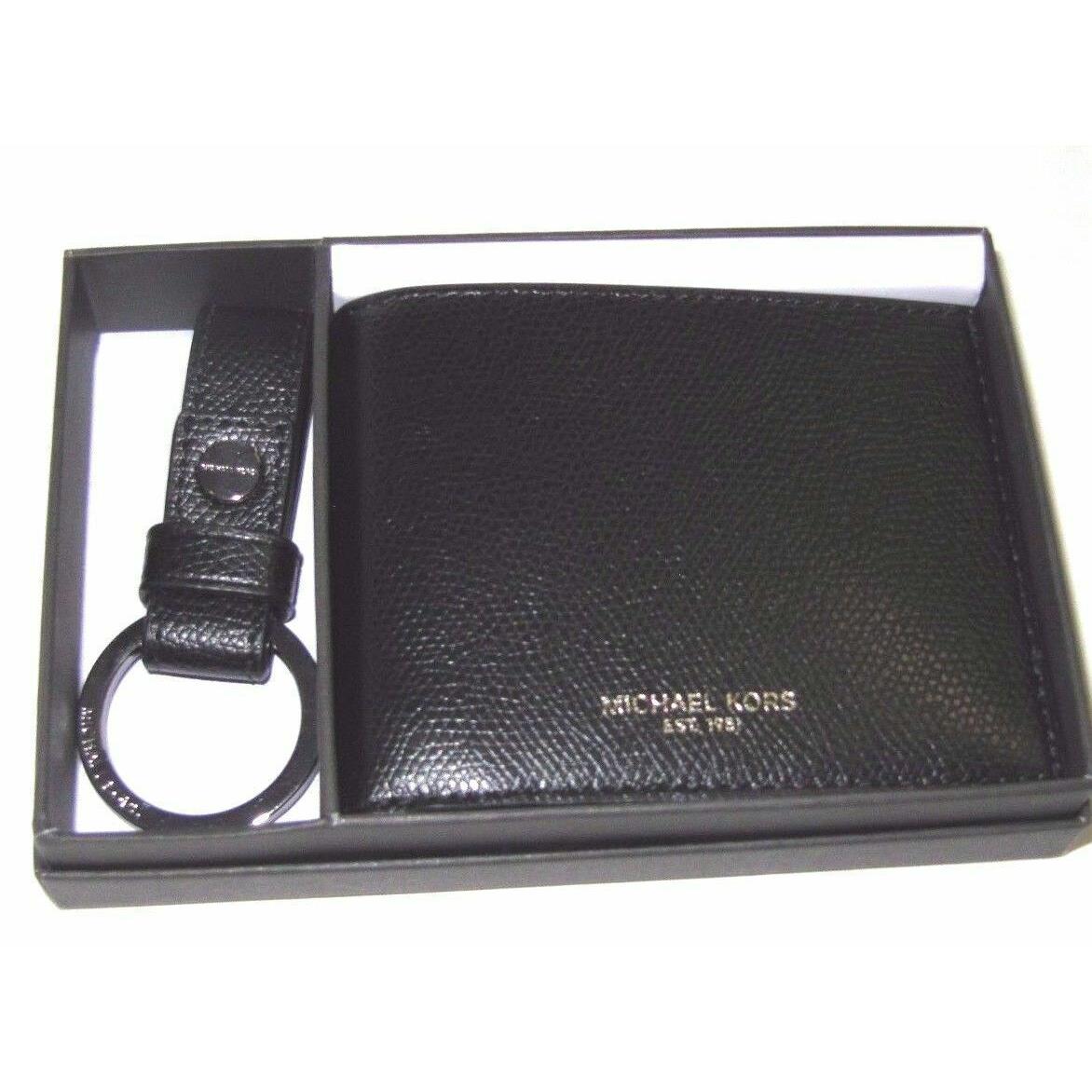 Michael Kors Men`s Slim Billfold Wallet Key Fob Set Gift Box Black
