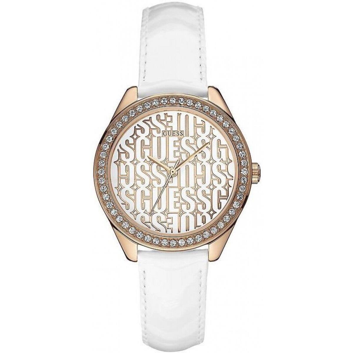 Guess Rose Gold Tone Crystals White Patent Leather Band Logo WATCH-W0560L3