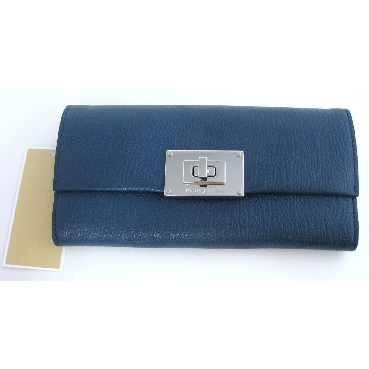 Michael Kors Sloan Navy Blue Leather Contintantal Turnlock Clutch Wallet-new