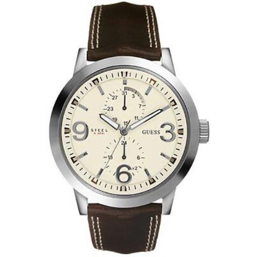 Guess Brown Leather Band+silver Tone+cream Chrono Dial Watch+date G85902G+TAG