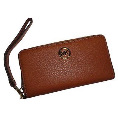 New-michael Kors Fulton Pebbled Luggage Brown Coin Phone Case Wristlet Wallet