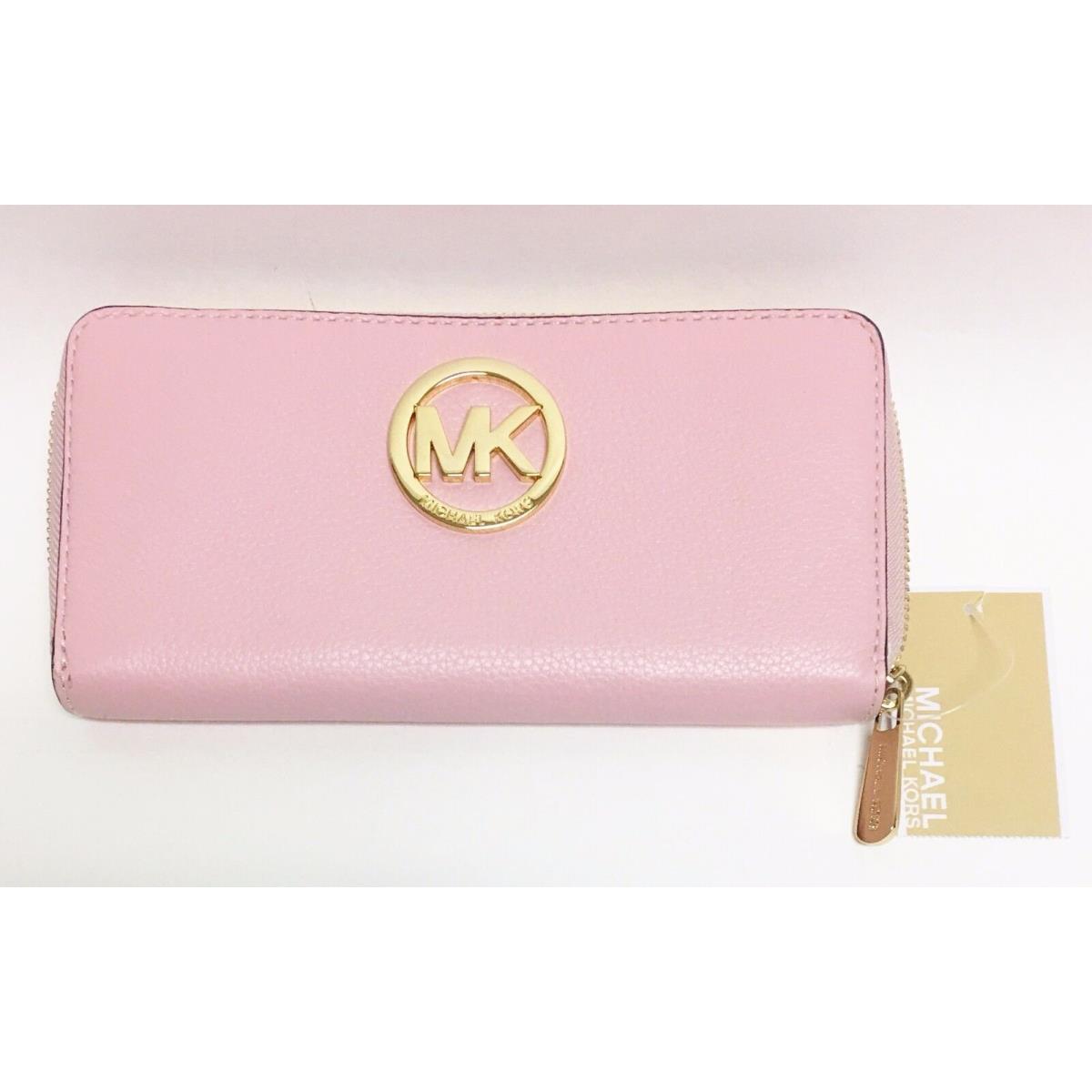 Michael Kors Fulton Pebbled Pink Blossom Leather Zip Continental Wallet Clutch