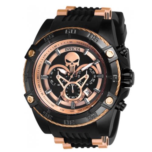 Invicta Marvel Punisher Limited Edition 52mm Rose Gold Chronograph Watch 26861 - Dial: Black, Band: Black, Bezel: Black, Rose Gold