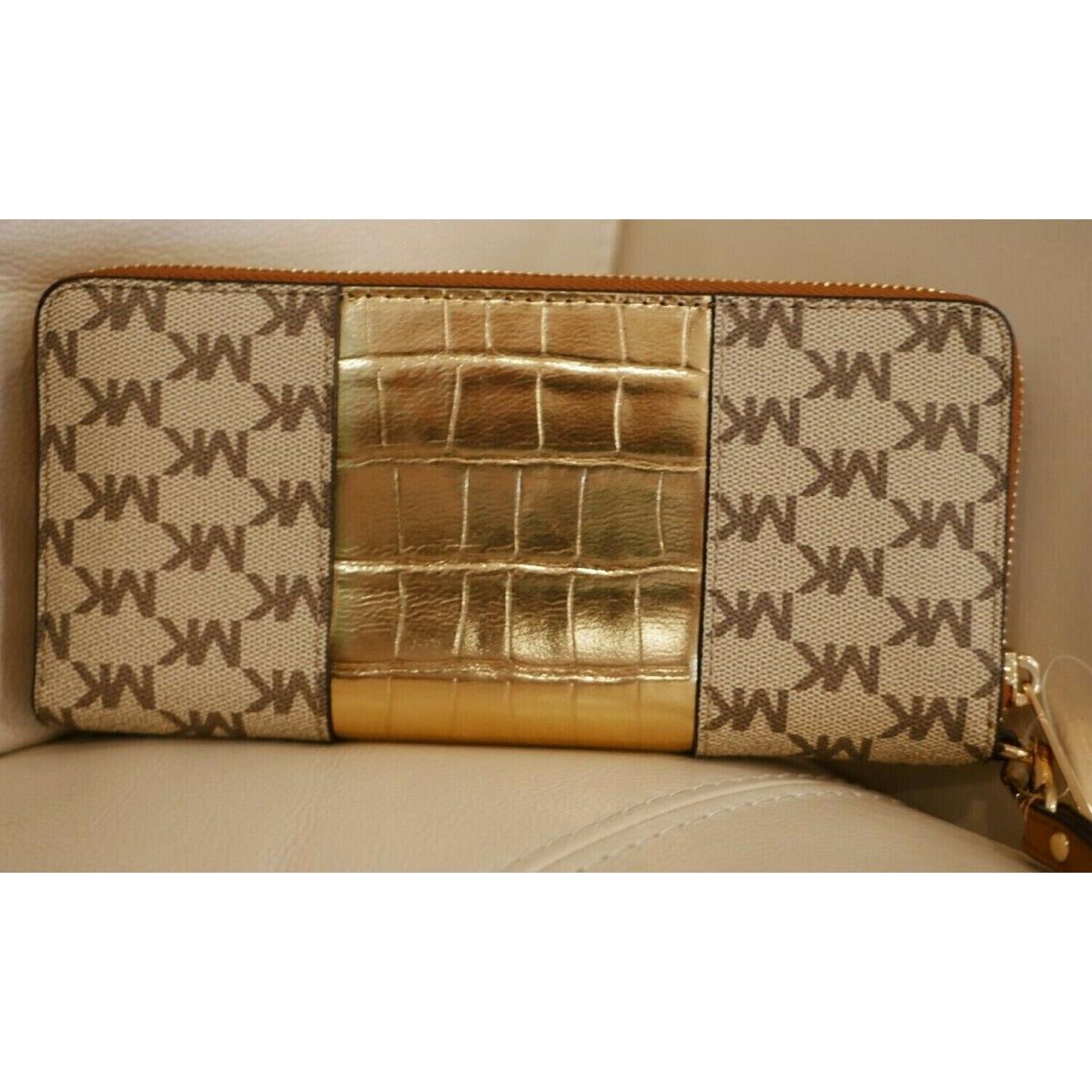 WT Michael Kors Center Stripe Travel Continental Zip Around Wallet Tan Gold  - Michael Kors wallet - 192877066590 | Fash Brands