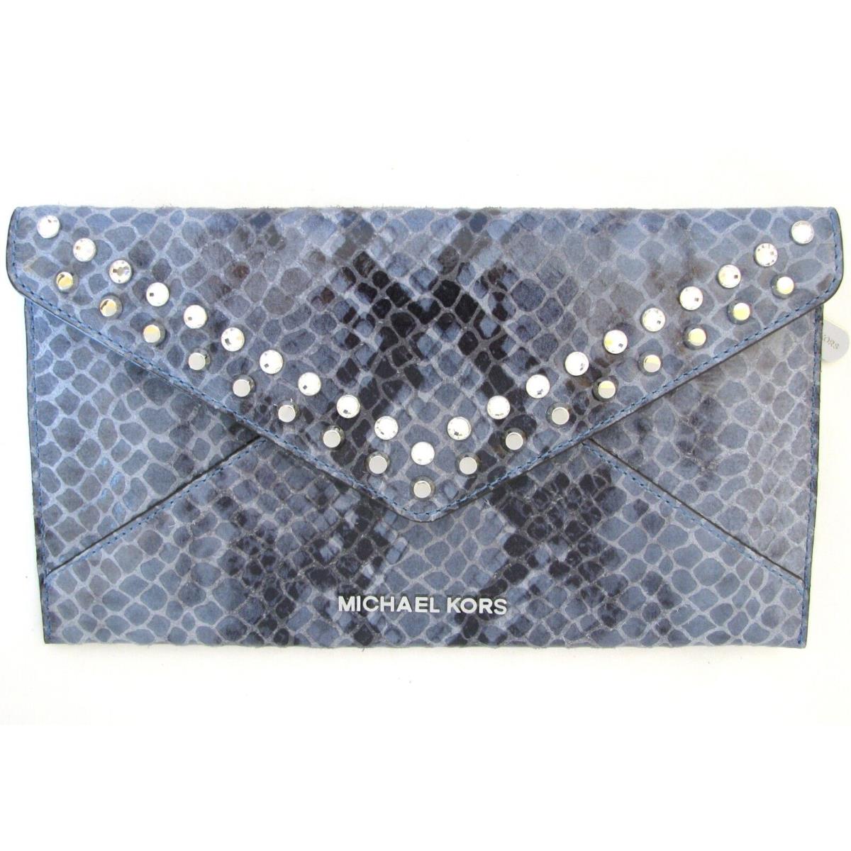 Michael Kors Jet Set Travel Denim Blue Leather Large Jewel Envelope Clutch Bag