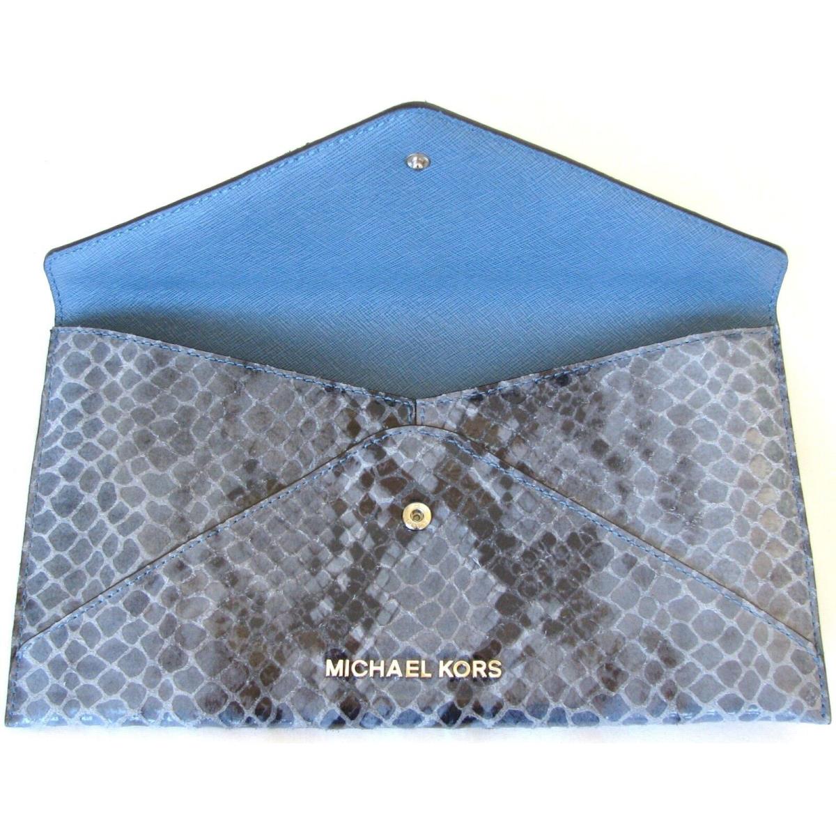 Michael Kors Jet Set Travel Denim Blue Leather Large Jewel Envelope Clutch Bag
