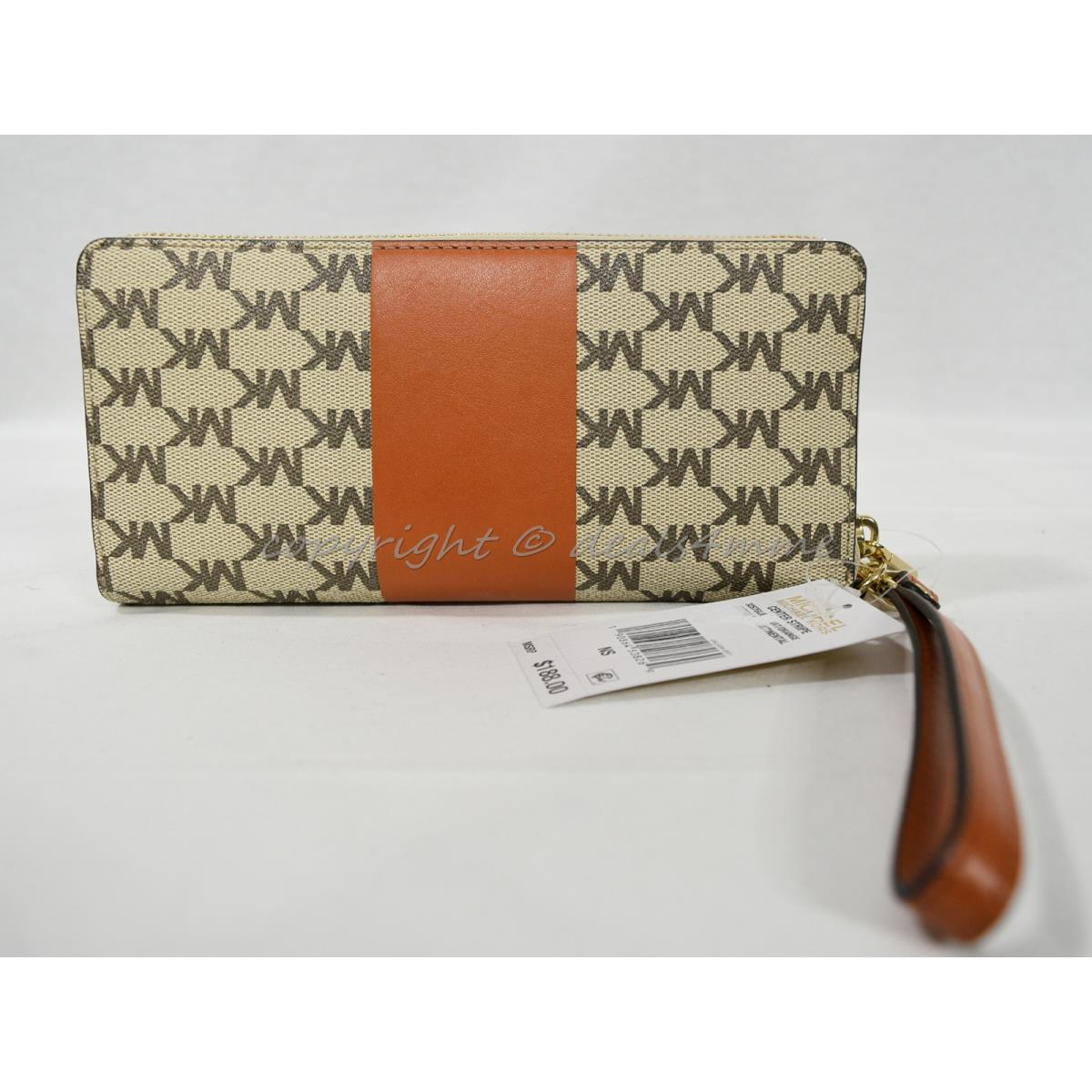 Michael Kors Center Stripe Travel Continental Wallet/wristlet in Natural/orange