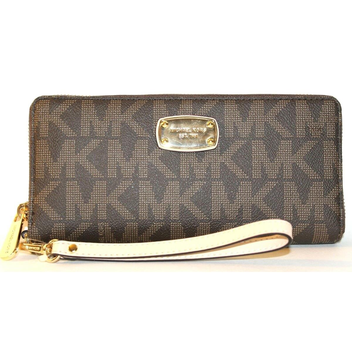 Michael Kors- M.k. Leather Wristlet Wallet: Brown/ Gold