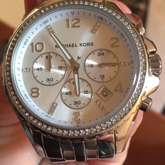 Michael Kors Pilot Silver Tone Chrono Crystal Pave Glitz Bracelet Watch MK5882 - Dial: White, Band: Silver