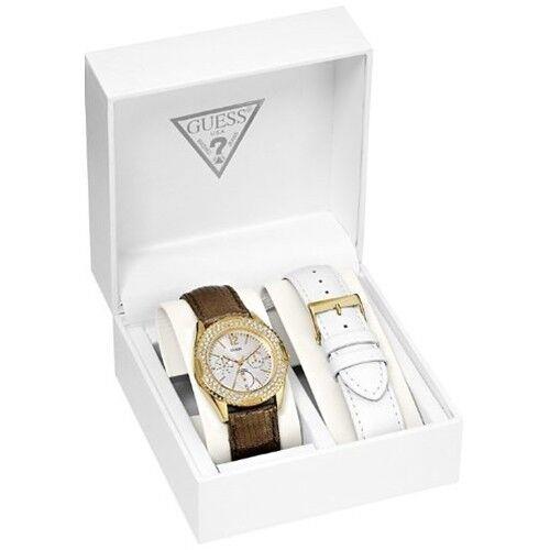 Guess Bronze White Leather Interchanegable Band Set+gold Watch+crystal U11636L1