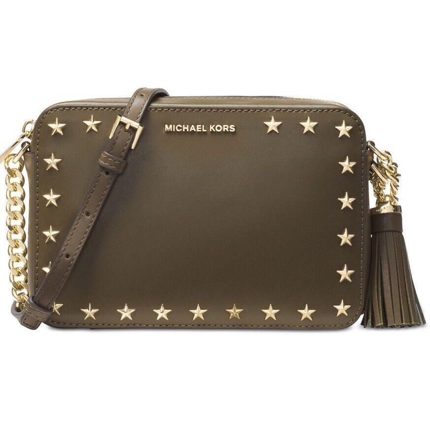 Michael Kors Ginny Medium Camera Olive Leather Stars Studs Crossbody Bag