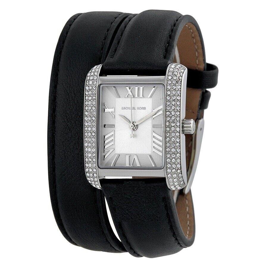 Michael Kors Emery Silver Black Double Wrap Leather Band Crystal WATCH-MK2359