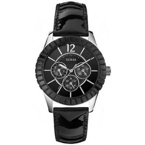 New-guess Black Tone Black Shiny Leather Band Multi Function WATCH-W95134L2