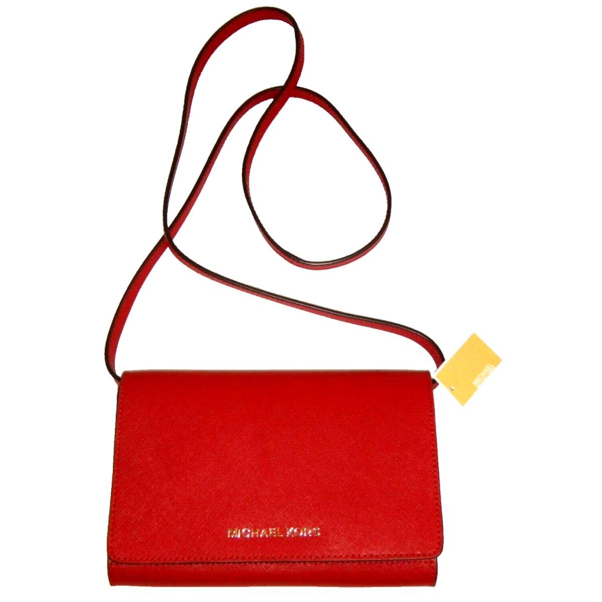 Michael Kors MK Convertible Cross-body Clutch Bag Wallet Red Saffiano Leather