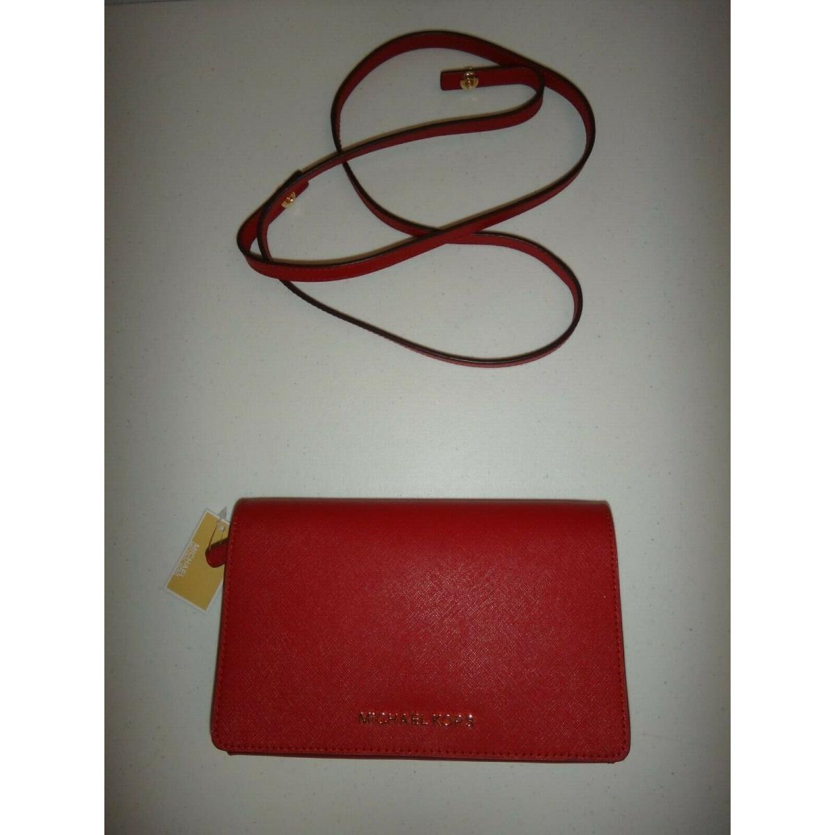 Michael Kors MK Convertible Cross-body Clutch Bag Wallet Red Saffiano Leather
