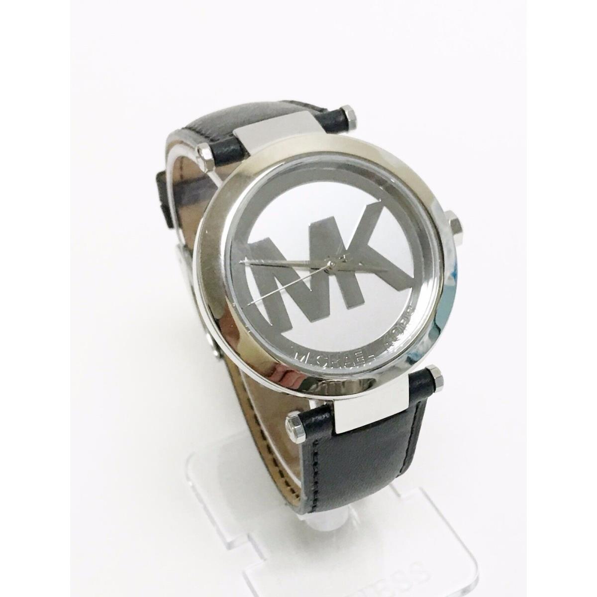 Michael Kors Silver Tone Black Leather Band MK Logo Dial WATCH-MK2458