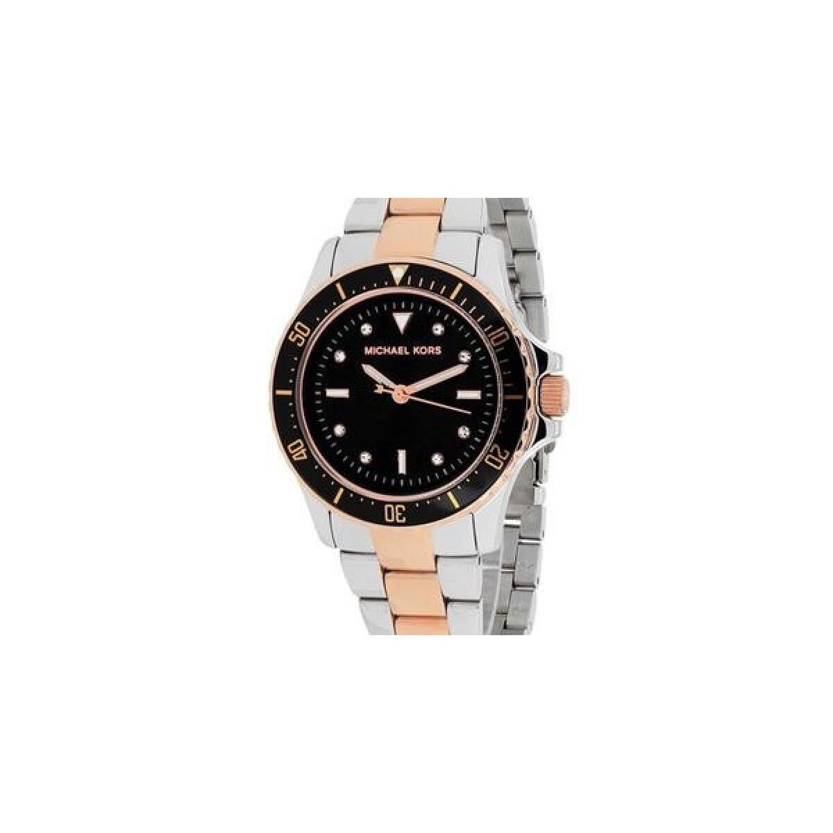 Michael Kors 2 Tone Silver+rose Gold S/steel Black Dial Bracelet Watch MK6121