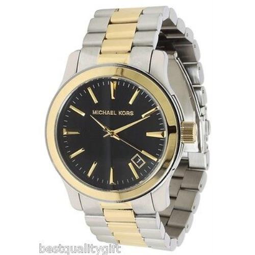 Michael Kors Runway 2 Two Tone S/steel Gold+silver Black Dial+date Watch MK7064 - Dial: Black, Band: Gold
