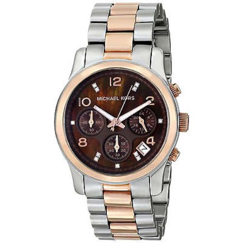 Michael Kors 2 Tone Rose Gold+silver Chrono Brown Mop Crystals WATCH-MK5495