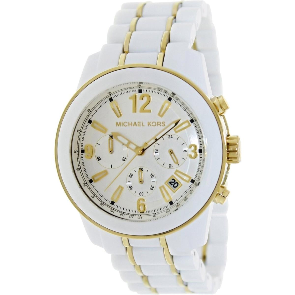 Michael Kors Preston White Acrylic+gold Tone Chrono Tachymeter Date WATCH-MK5804