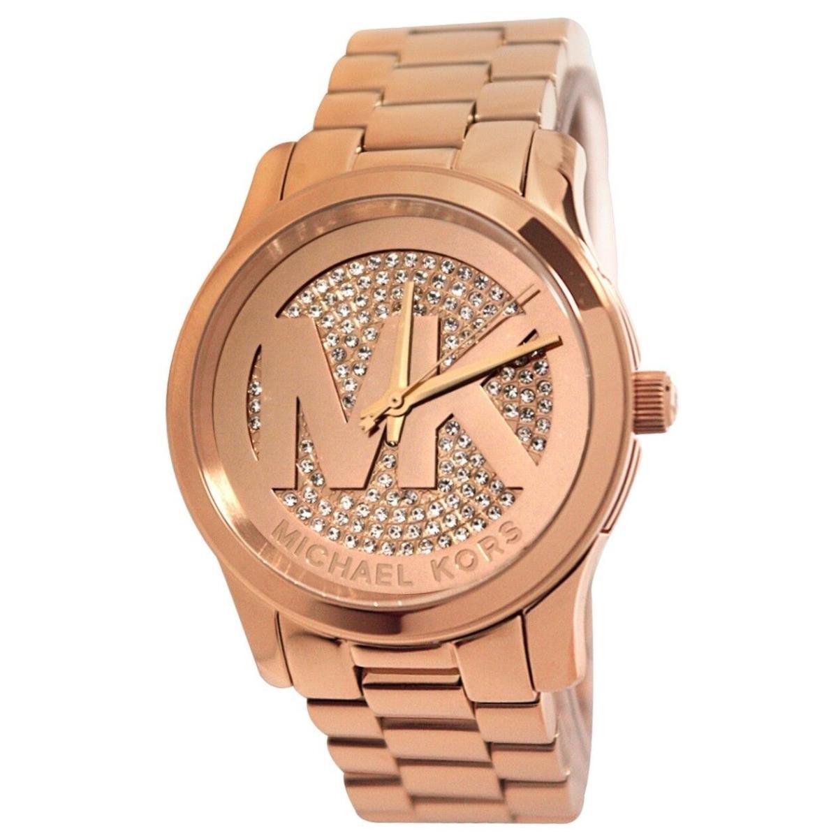 Michael Kors Runway Rose Gold Tone+logo Pave Crystal Dial Midsized Watch MK5853