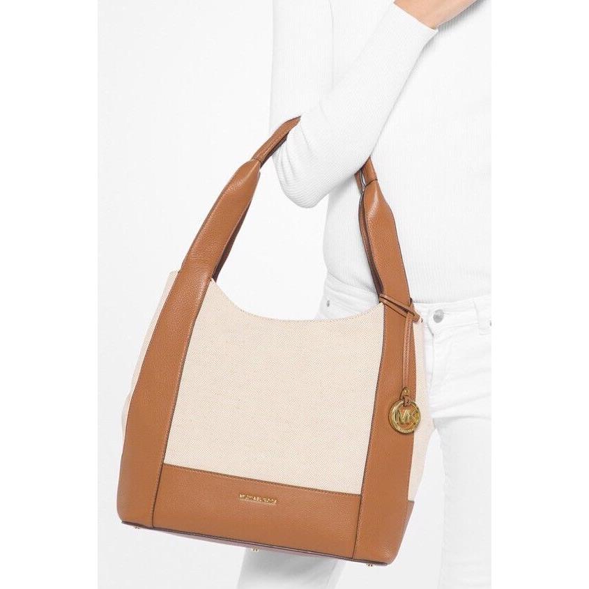 Michael Kors Marlon MD Canvas Leather Shoulder Natural Acorn Tote Bag